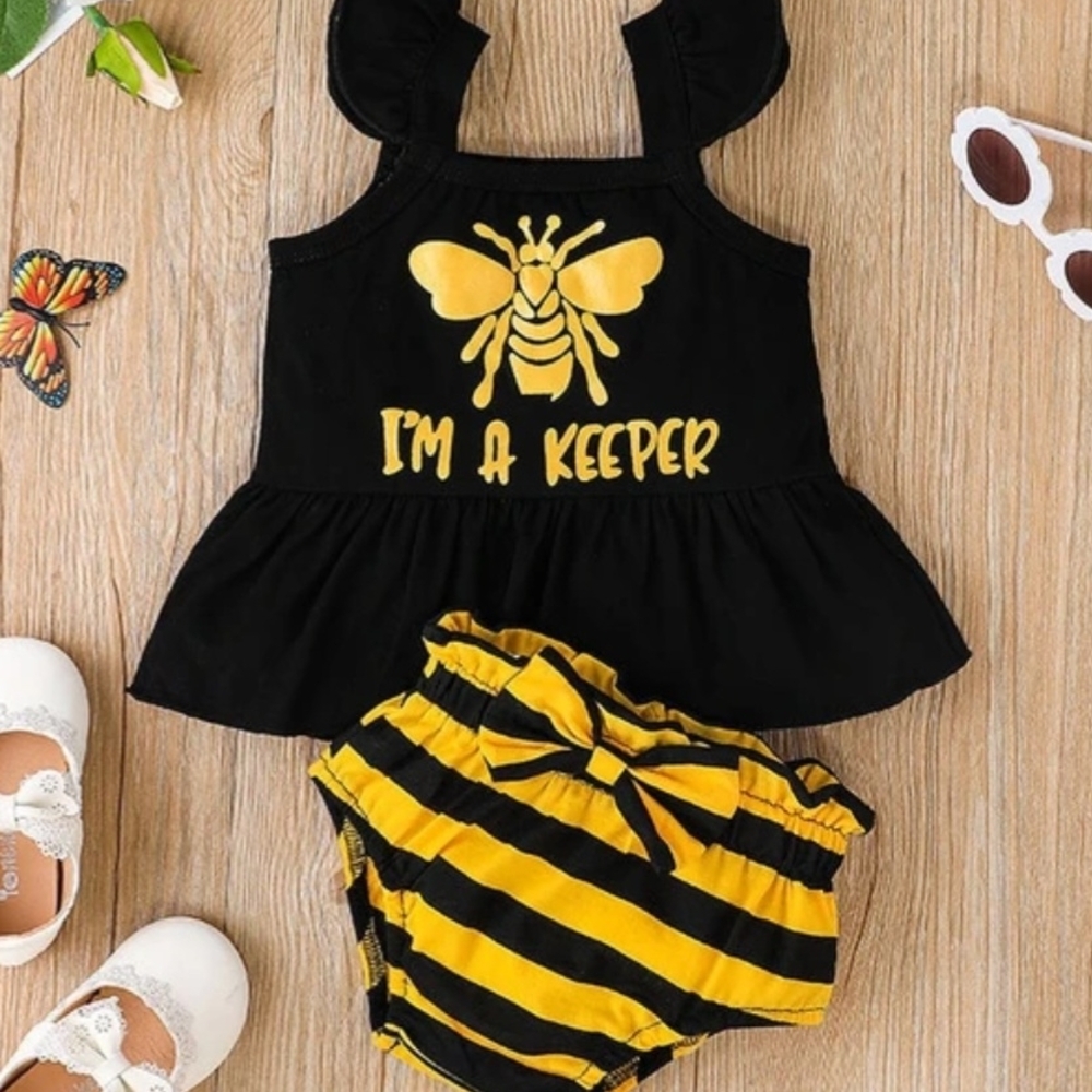 Baby Girl Bee Peplum Black Ruffle Tank Top & Striped Diaper Cover Bloomer 9-12M